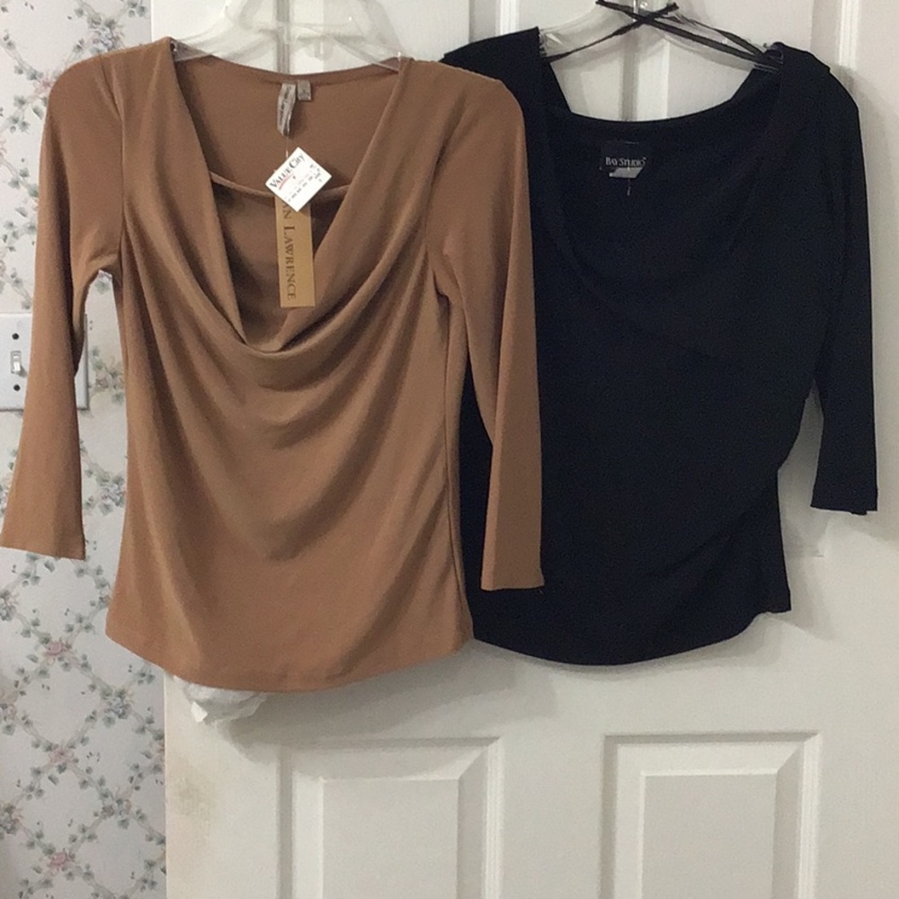 Bundle of 2 sexy cowl neck stretchy shirts, 1 black & 1 brownish.